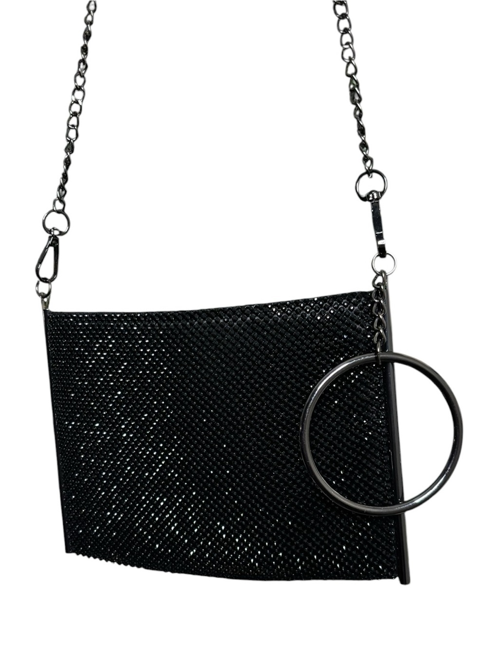 Y2K Black Rhinestone Mesh Evening Bag Crossbody Clutch Gunmetal Chain